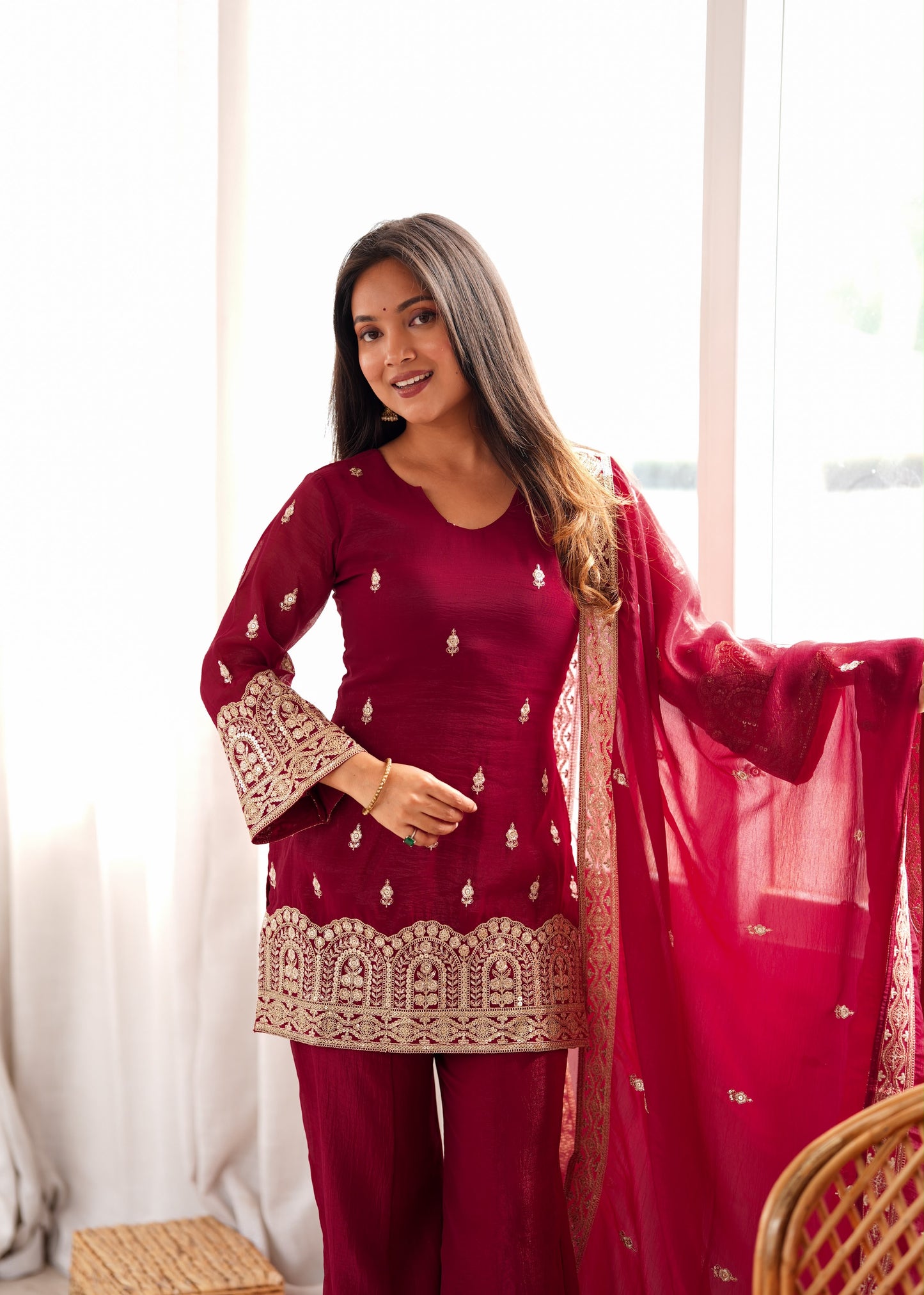Premium Crunchy Silk Embroidered Bell Bottom Suit Set With Dupatta