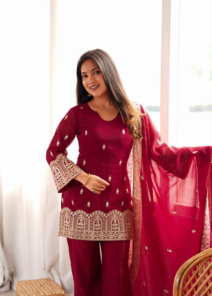 Premium Crunchy Silk Embroidered Bell Bottom Suit Set With Dupatta