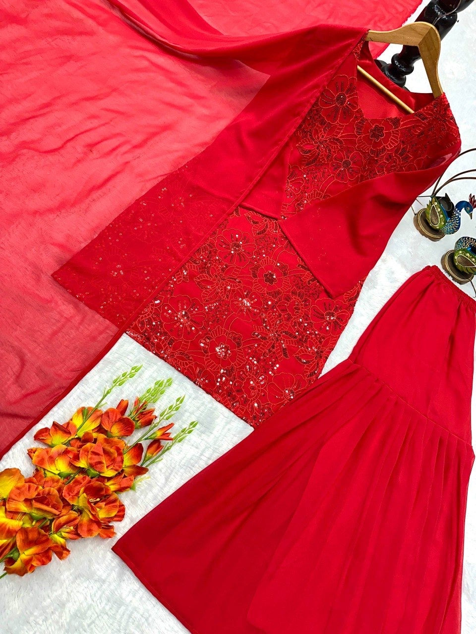 Designer Party Wear Heavy Fox Georgette Top, Palazzo & Dupatta Set