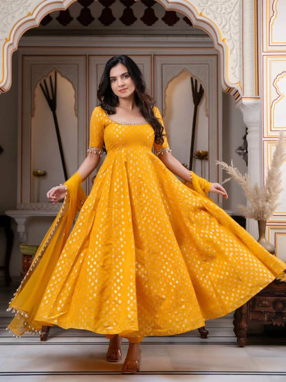 Chanderi Jacquard Butti Real Mirror Anarkali Set