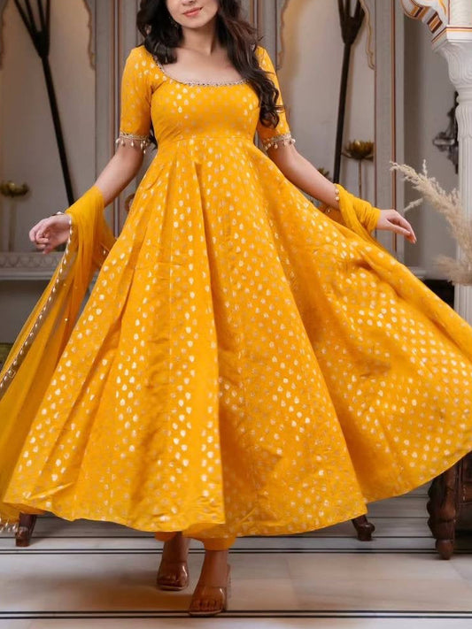 Chanderi Jacquard Butti Real Mirror Anarkali Set