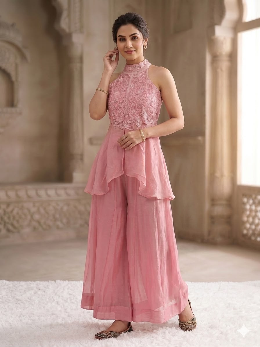 Heavy Fandy Crush Full Neck Handwork Top With Sharara Plazzo Set