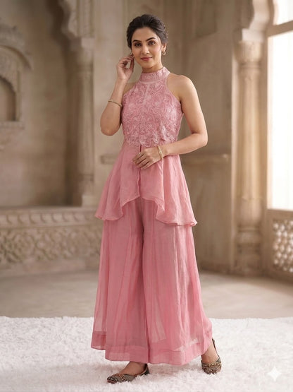 Heavy Fandy Crush Full Neck Handwork Top With Sharara Plazzo Set
