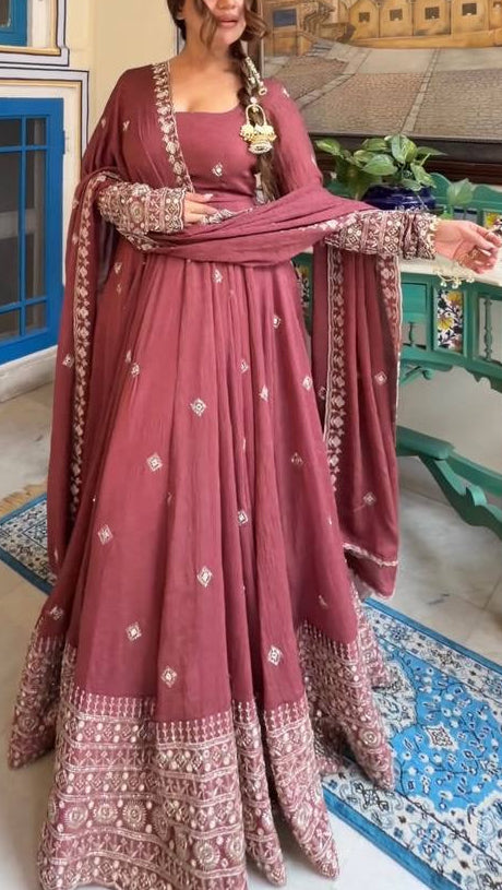 Mul Chanderi Silk Gown, Pant & Dupatta Set