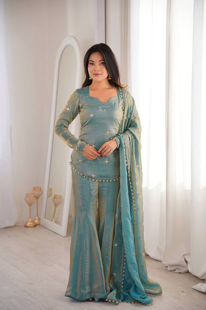 Premium Fendy Silk Embroidered Sharara Palazzo Set With Dupatta