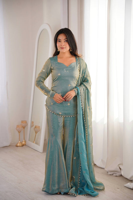 Premium Fendy Silk Embroidered Sharara Palazzo Set With Dupatta