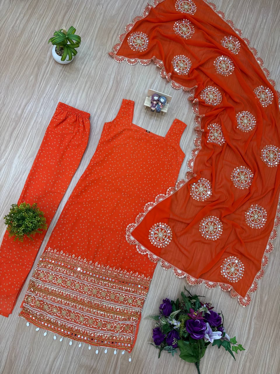 Premium Bandhani Faux Georgette Mirror Work Kurti Set With Churidar & Dupatta