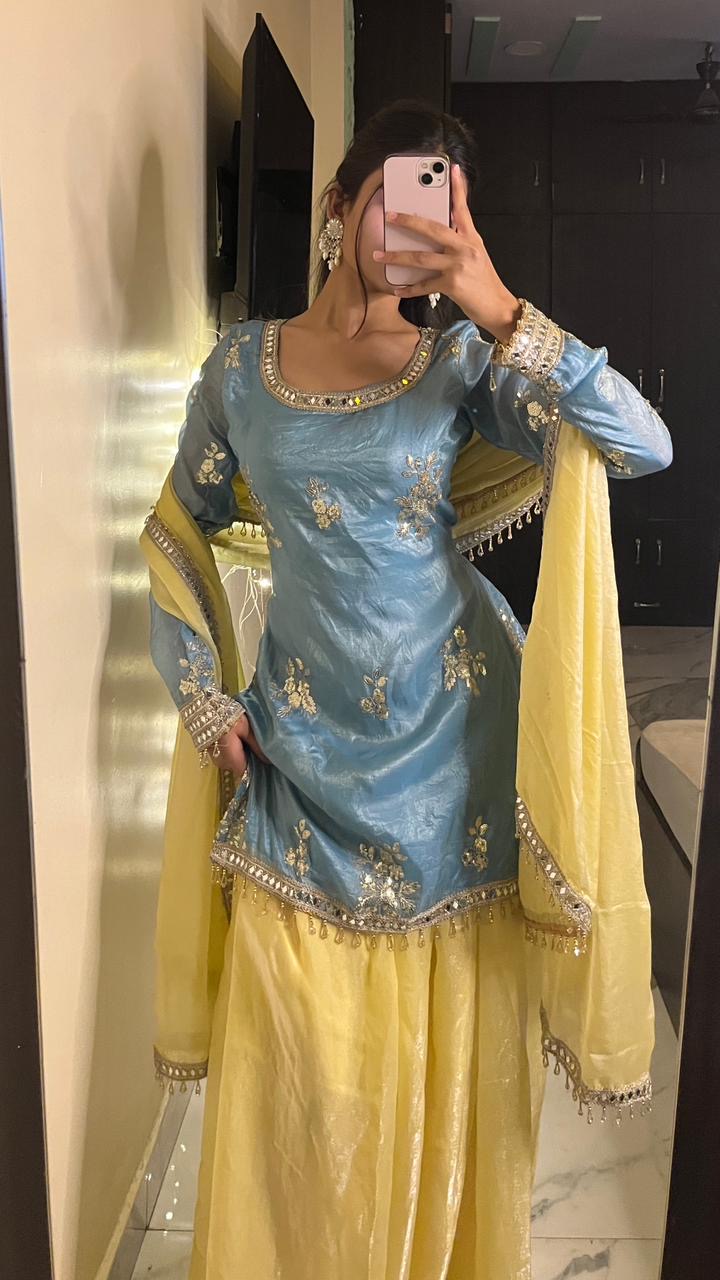 Premium Fendy Silk Mirror Work Plazo Set with Dupatta