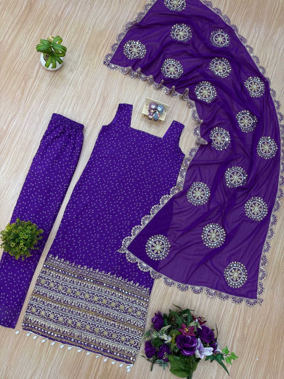 Premium Bandhani Faux Georgette Mirror Work Kurti Set With Churidar & Dupatta