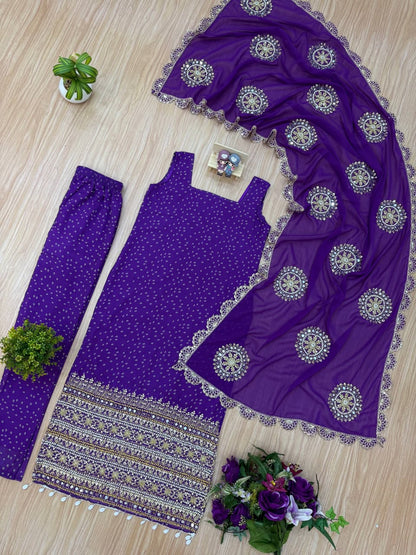 Premium Bandhani Faux Georgette Mirror Work Kurti Set With Churidar & Dupatta