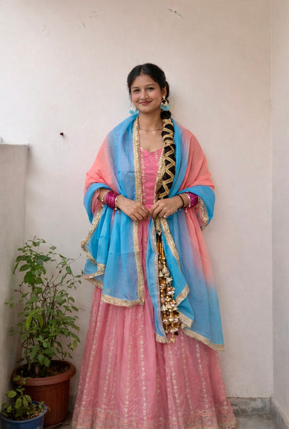 Premium Chinon Silk Thread & Sequence Anarkali Set With Tabby Organza Dupatta