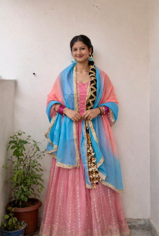 Premium Chinon Silk Thread & Sequence Anarkali Set With Tabby Organza Dupatta
