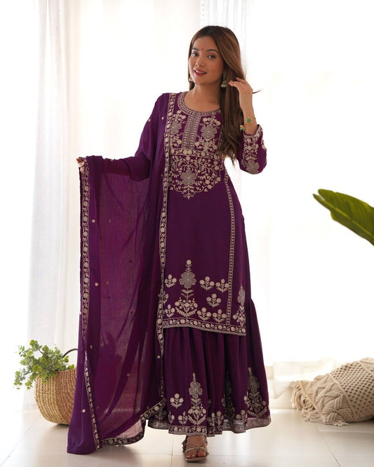 Chinon Silk Top, Sharara & Dupatta Set