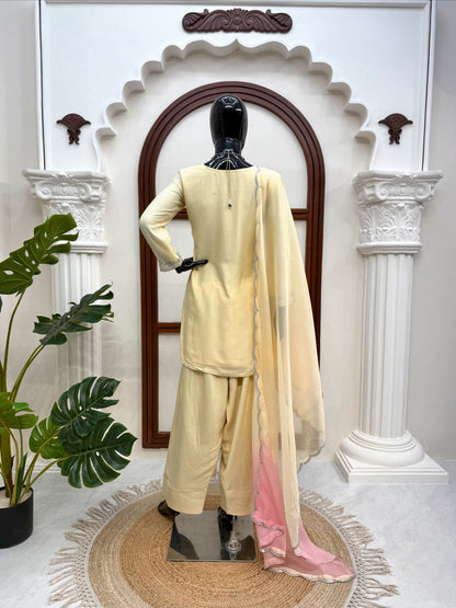 Premium Heavy Rayon Thread & Sequence Farshi Palazzo Set With Tibby Silk Dupatta
