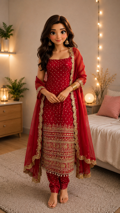 Premium Bandhani Faux Georgette Mirror Work Kurti Set With Churidar & Dupatta