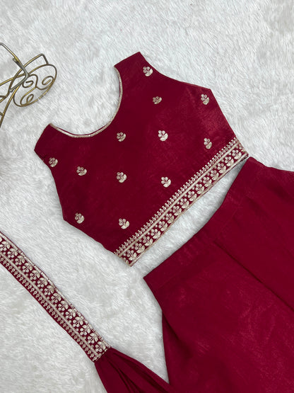 Designer Indo-Western Crunchy Silk Crop Top Palazzo Set