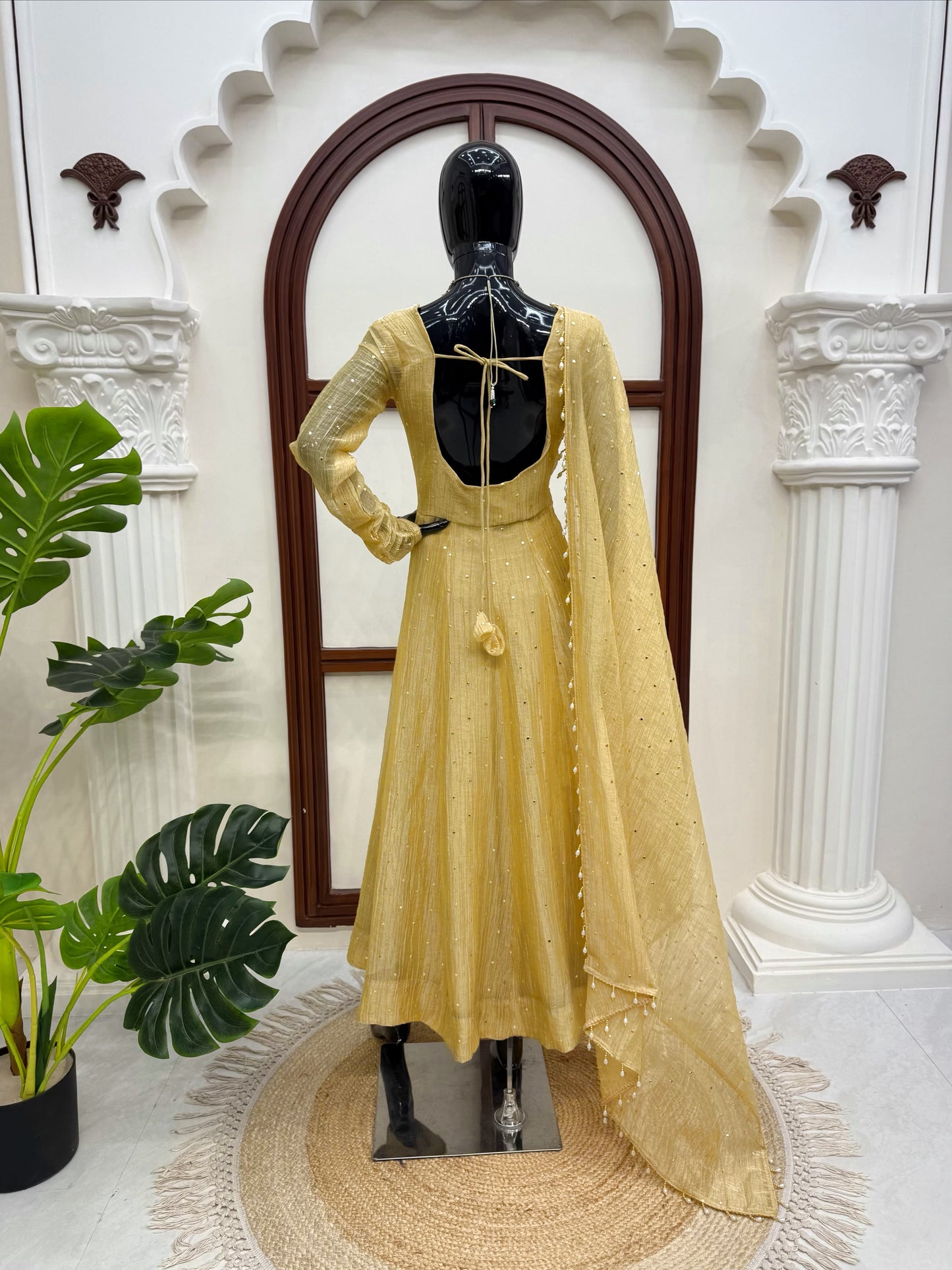 Premium Salsa Silk Foil Work Gown Set With Pant & Dupatta