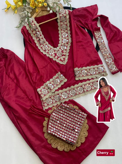 Premium Chinon 4 Piece Sharara Suit Set With Mirror
