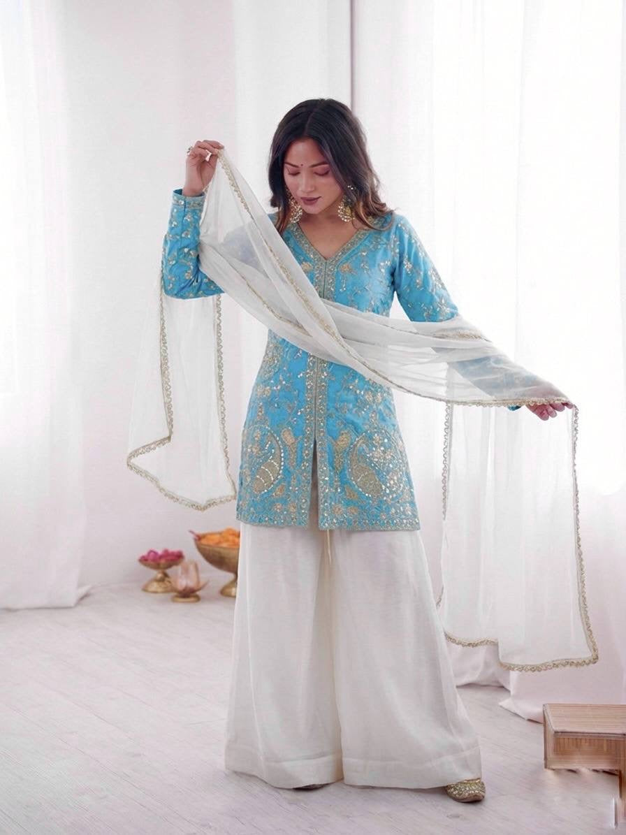 Heavy Fendy Silk Top Plazzo & Dupatta Set