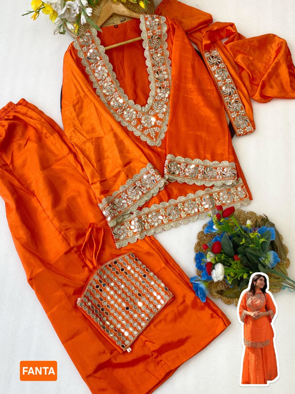 Premium Chinon 4 Piece Sharara Suit Set With Mirror