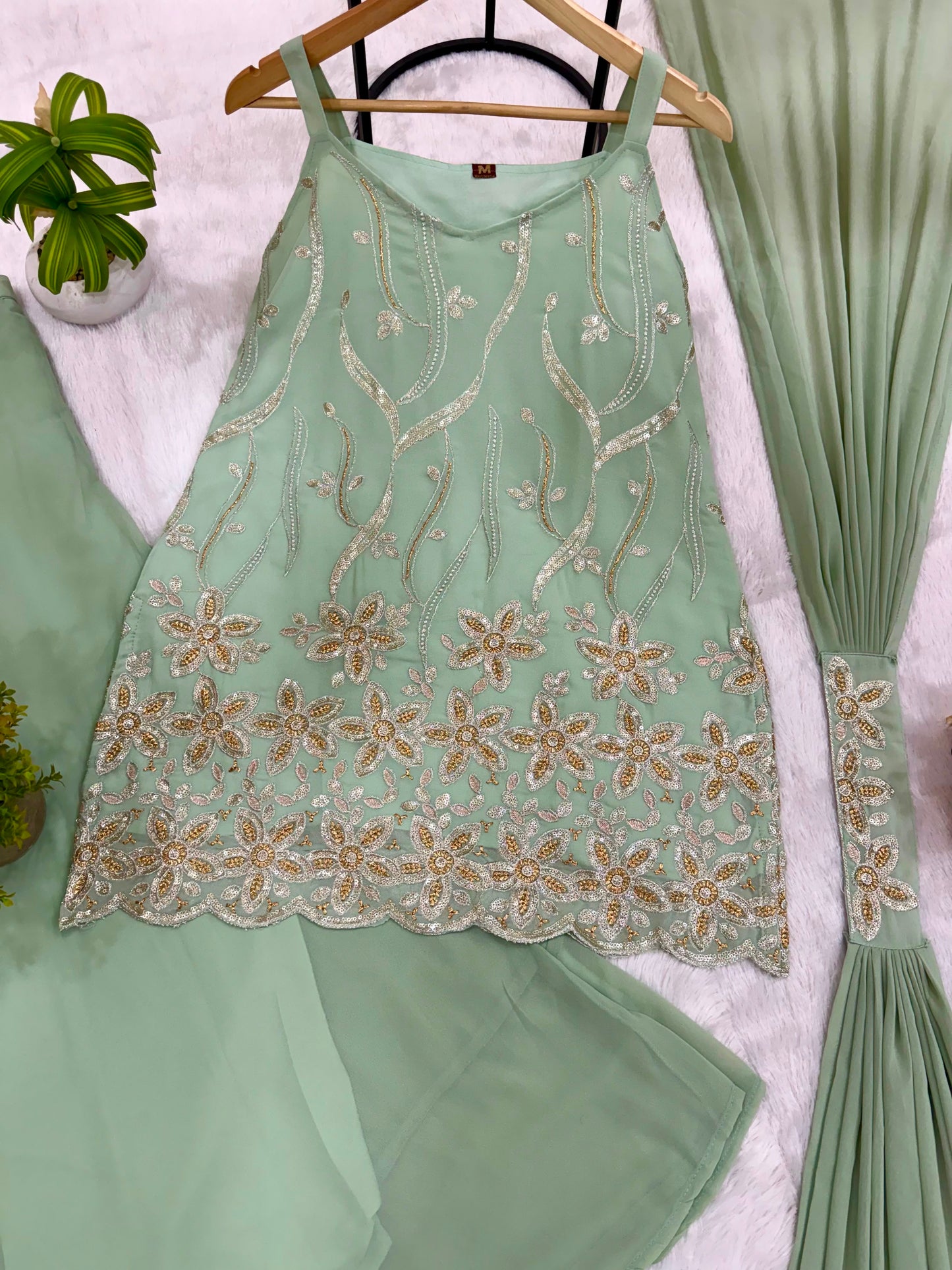 Premium Faux Georgette Embroidered Palazzo Set With Dupatta