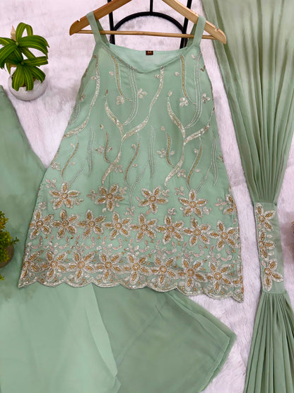 Premium Faux Georgette Embroidered Palazzo Set With Dupatta