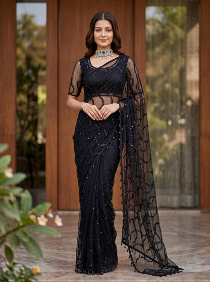 Designer Handwork Net Saree With Beads, Sequence & Pearl Embroidery