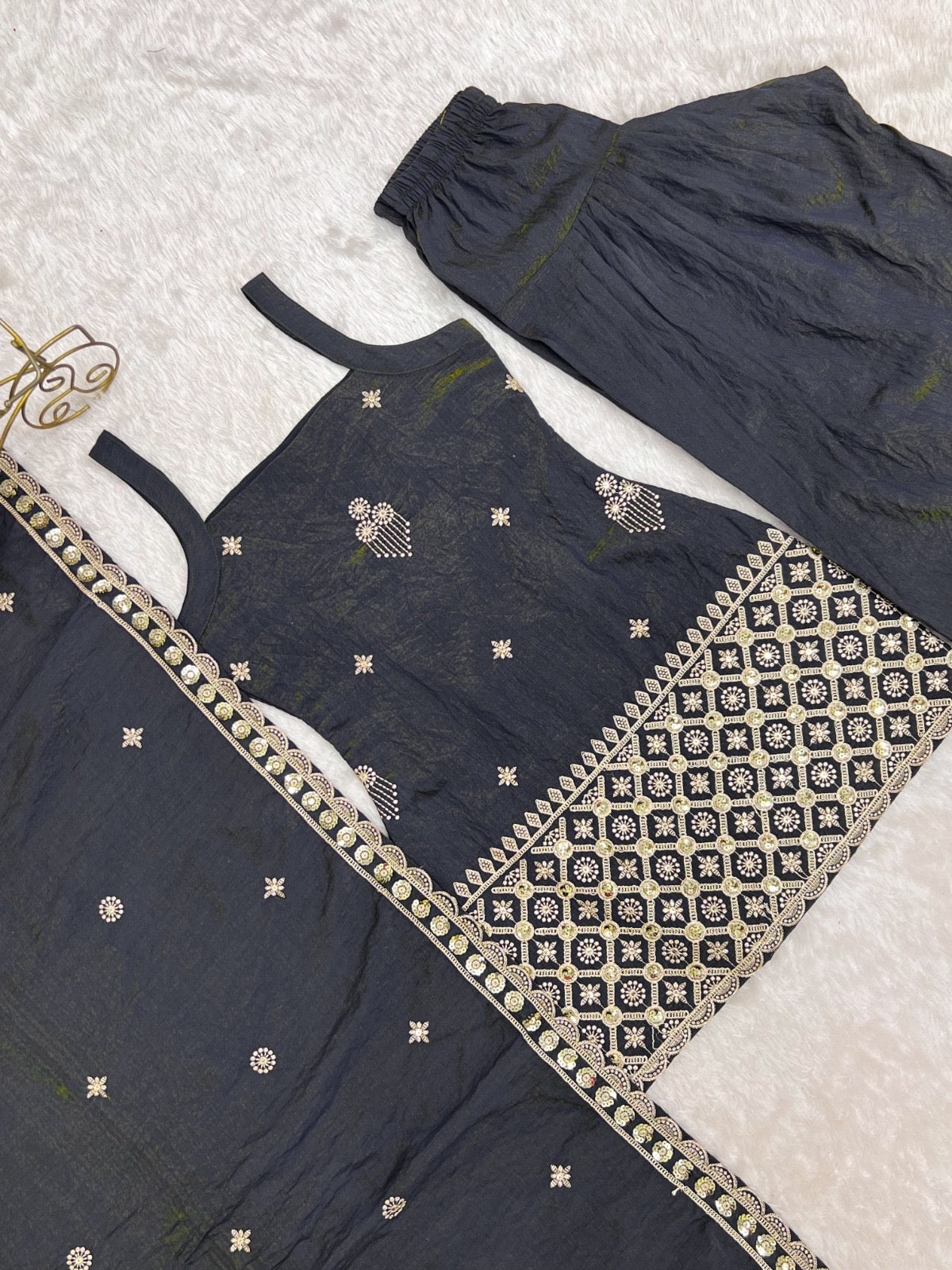 Premium NC Vichitra Silk Embroidered Farshi Shalwar Suit Set With Dupatta