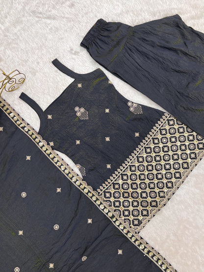 Premium NC Vichitra Silk Embroidered Farshi Shalwar Suit Set With Dupatta