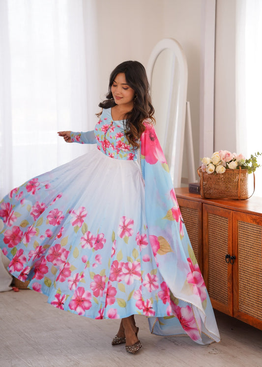 Premium Organza Silk Floral Print Anarkali Set With Gota Patti Dupatta