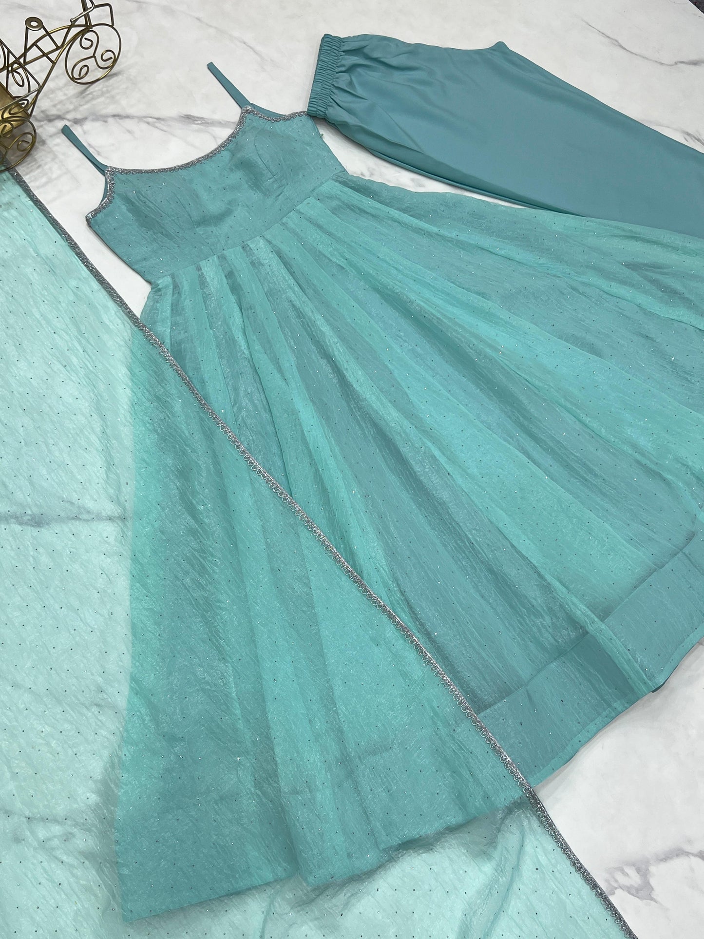 Crunchy Silk Anarkali, Pant & Dupatta Set