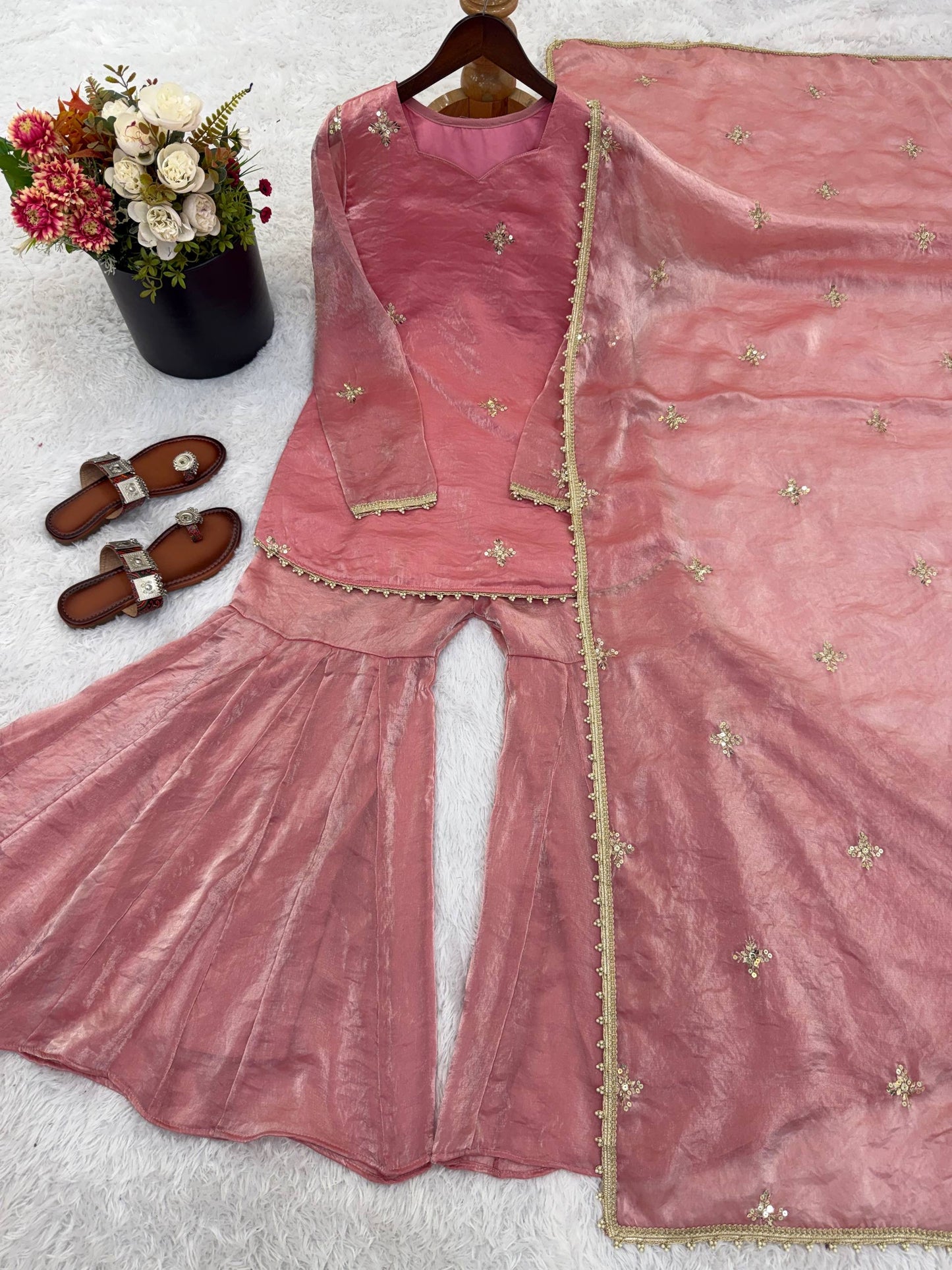 Premium Fendy Silk Embroidered Sharara Palazzo Set With Dupatta