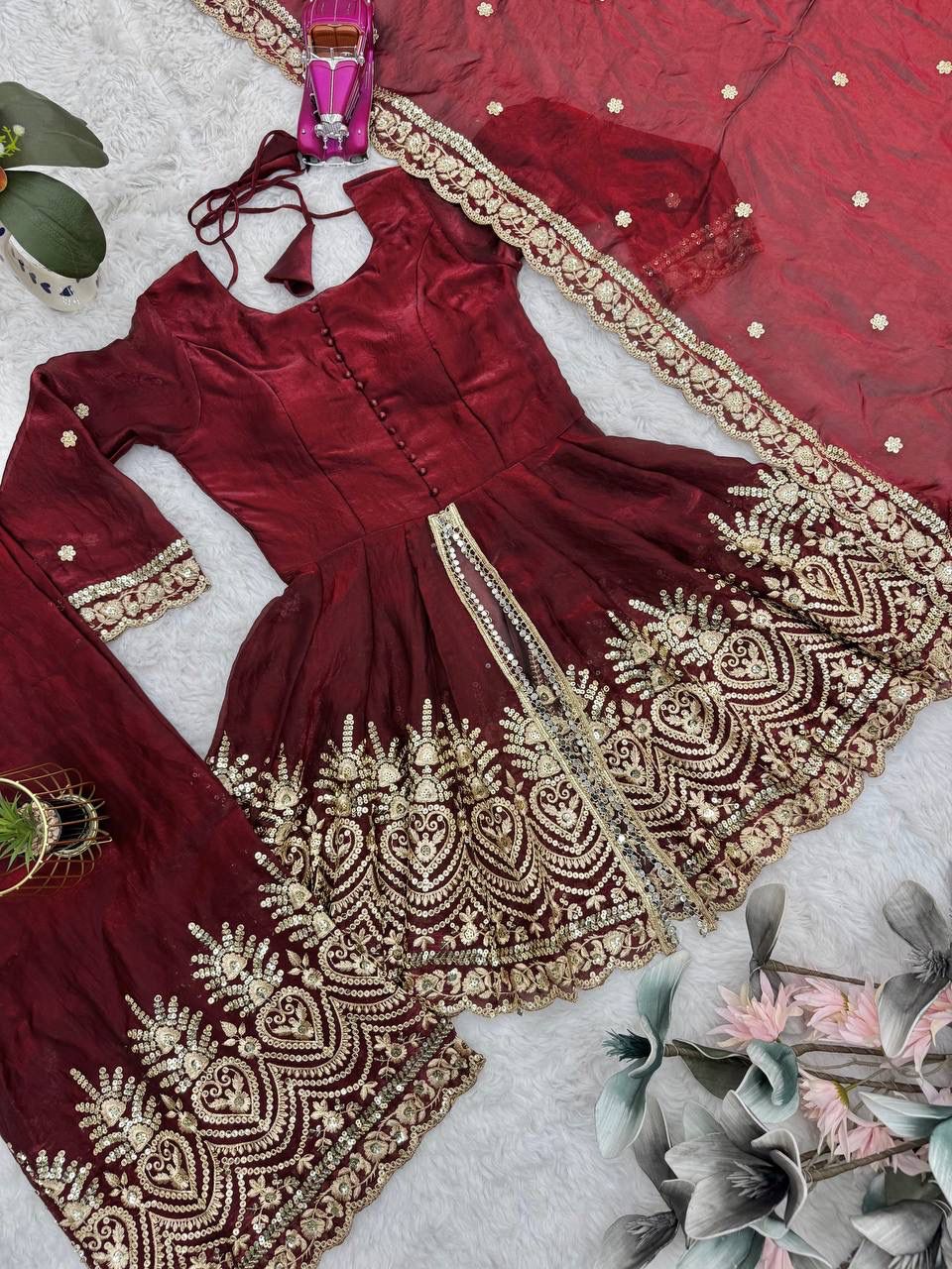 Fendy Satin Silk Gown Sharara Set with Mirror Work