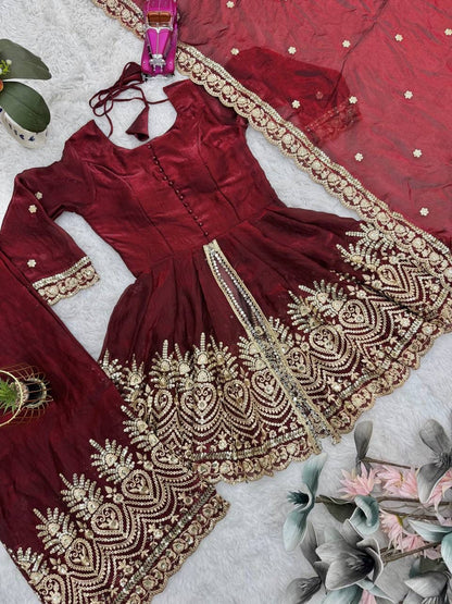 Fendy Satin Silk Gown Sharara Set with Mirror Work