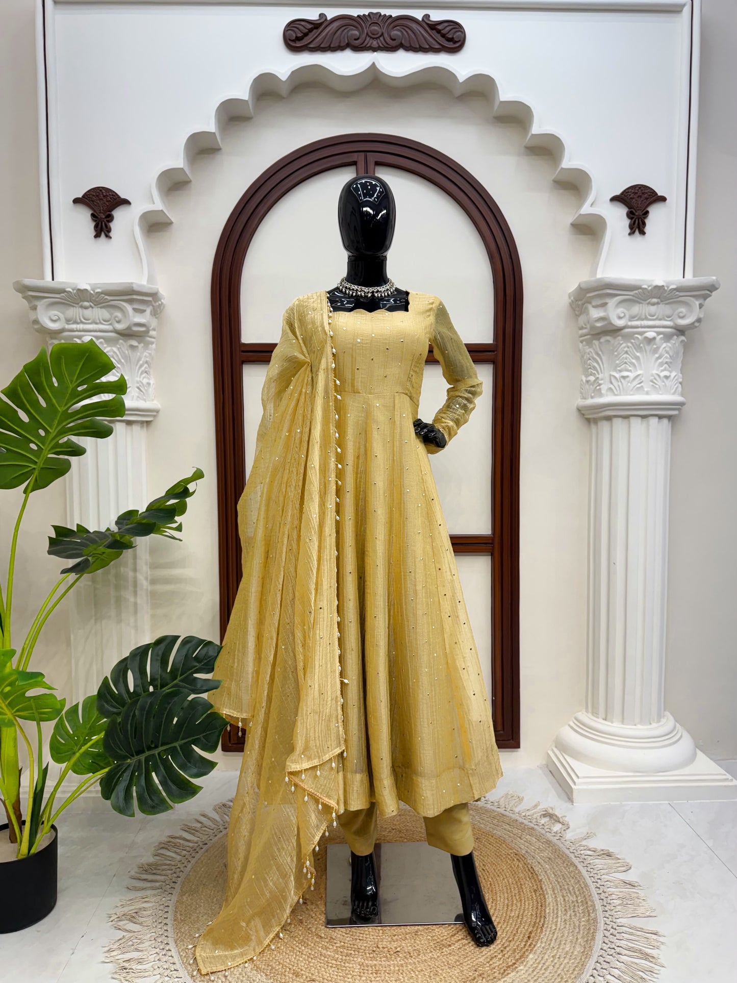 Premium Salsa Silk Foil Work Gown Set With Pant & Dupatta