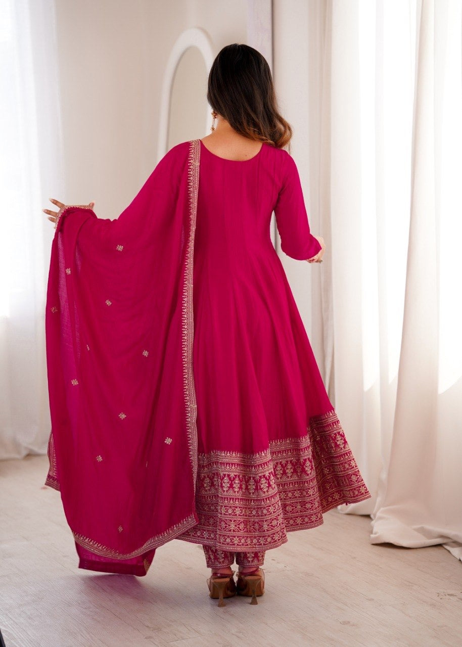 Blooming Vichitra Silk Anarkali, Pant & Dupatta Set