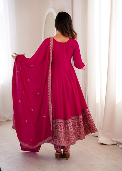 Blooming Vichitra Silk Anarkali, Pant & Dupatta Set