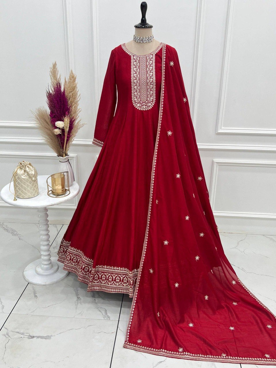 Vichitra Silk Anarkali Gown & Dupatta Set