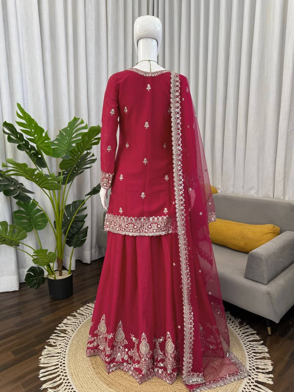 Premium Chinon Silk Thread & Sequence Work Top, Plazzo & Dupatta Set