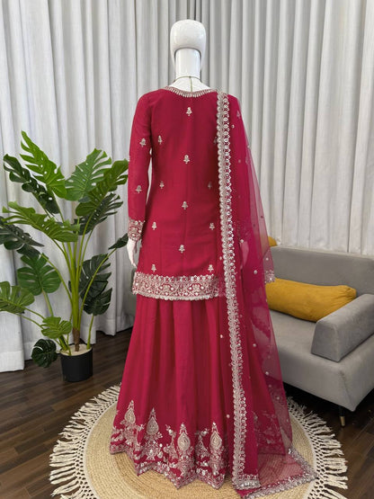 Premium Chinon Silk Thread & Sequence Work Top, Plazzo & Dupatta Set