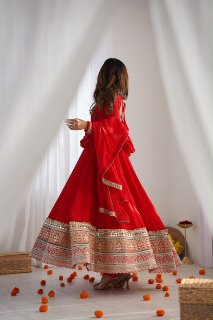 Premium Pure Blooming Vichitra Silk Anarkali Gown Set With Dupatta