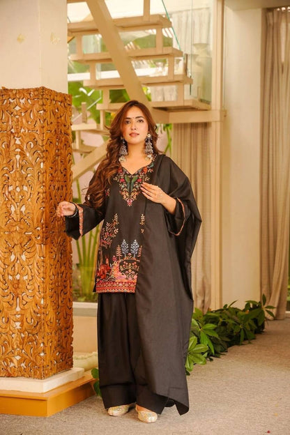 PRINTED ROMAN SEQUENCE EMBROIDERED TOP, PLAZZO & DUPATTA SET