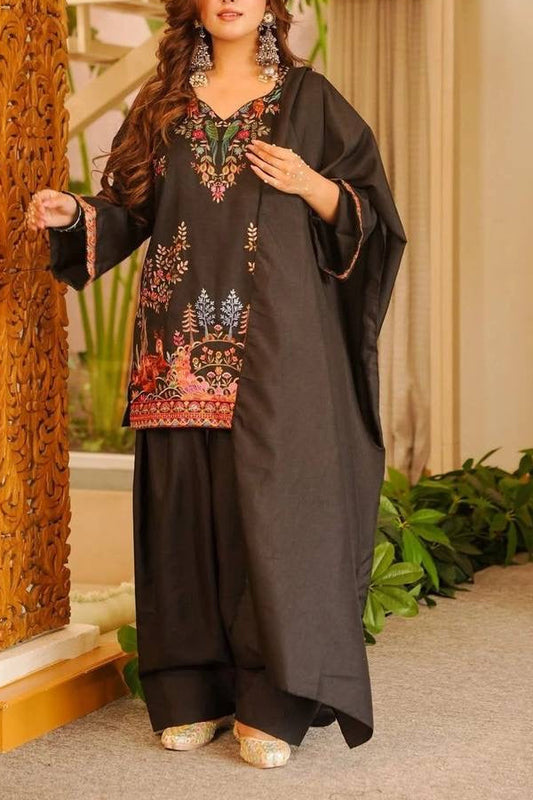PRINTED ROMAN SEQUENCE EMBROIDERED TOP, PLAZZO & DUPATTA SET