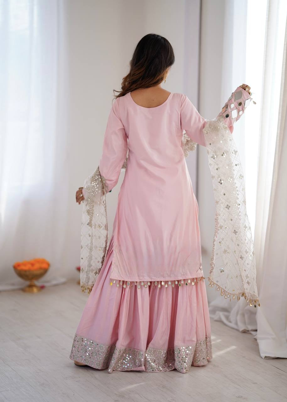 French Crepe Top, Sharara & Dupatta Set