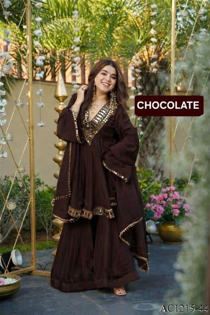 Premium Soft Chinon Mirror Work Palazzo Set With Dupatta