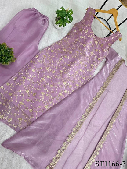 Premium Jimmy Silk Embroidered Kurti Palazzo Set With Koti