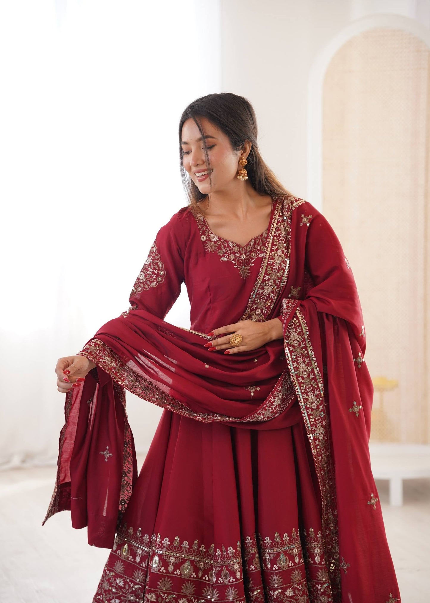 Elegant Embroidered Sequence Designer Anarkali 3-Piece Set