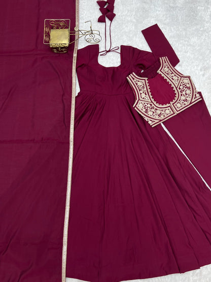 Premium Roman Silk Chanderi Anarkali Gown Set With Fancy Jacket & Dupatta