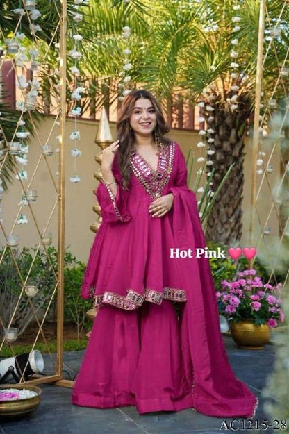 Premium Soft Chinon Mirror Work Palazzo Set With Dupatta