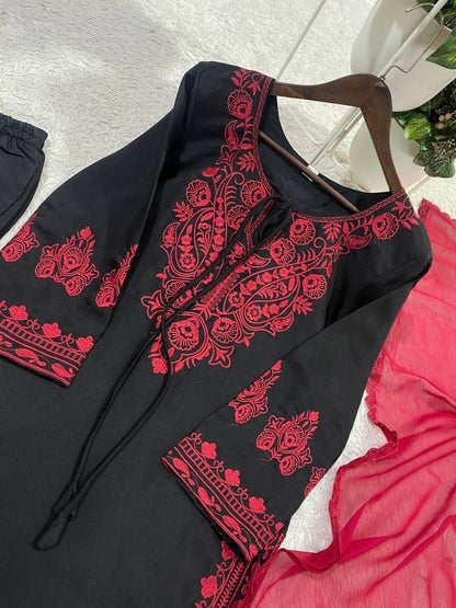 EMBROIDERED ROMAN SILK FABRIC TOP AND PANT WITH DUPATTA PAIR